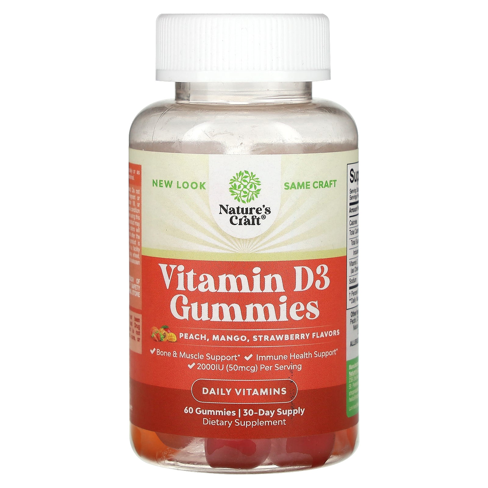 Nature's Craft, Vitamin D3 Gummies, Peach, Mango, Strawberry, 50 mcg, 60 Gummies, (25 mcg per Gummy)