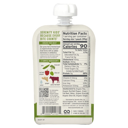 Serenity Kids, Grass Fed Beef + Ginger with Pea, Bell Pepper & Broccoli, 6+ Months, 3.5 oz (99 g)