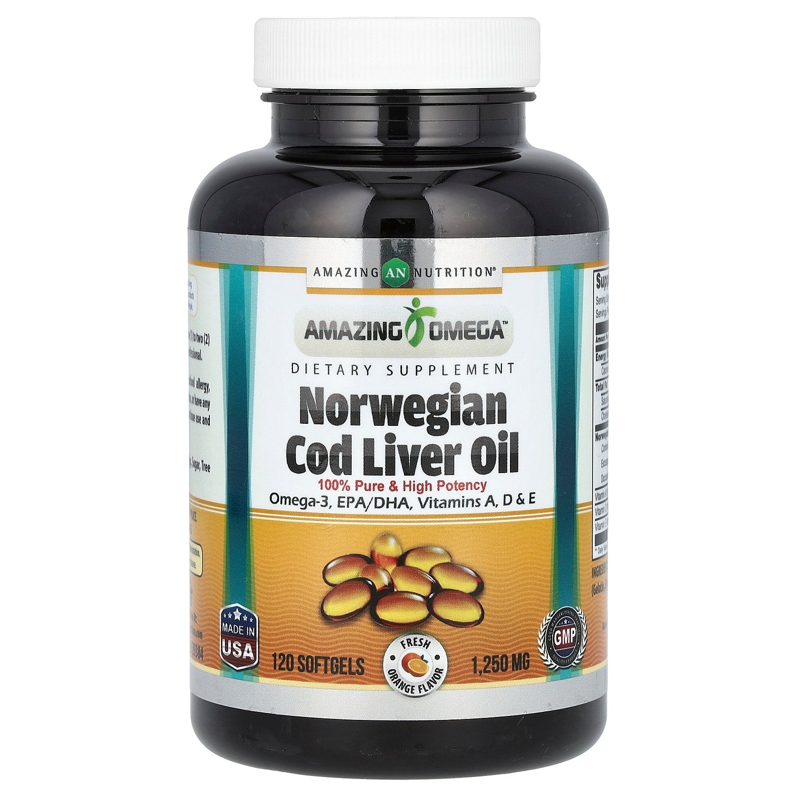 Amazing Nutrition, Norwegian Cod Liver Oil, Fresh Orange, 1,250 mg, 120 Softgels