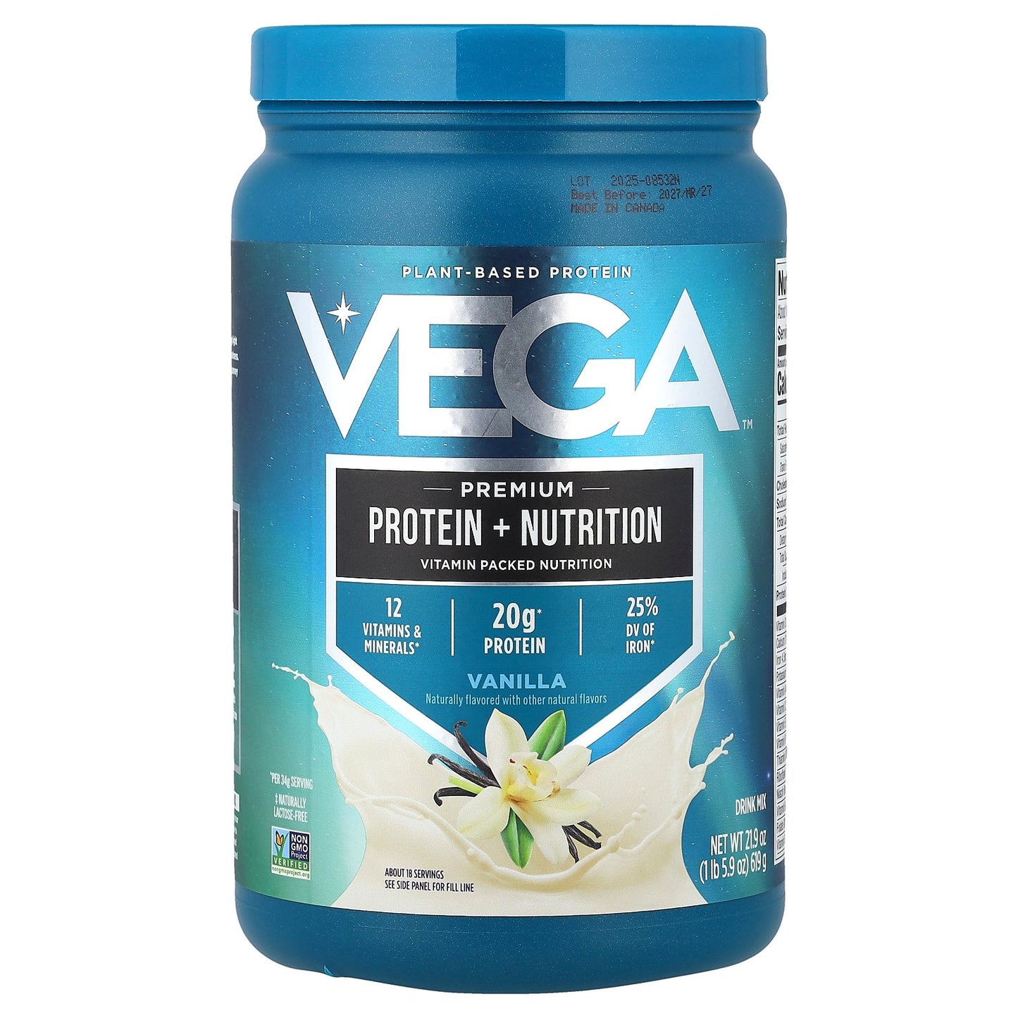 Vega, Plant-Based Protein, Premium Protein + Nutrition, Vanilla , 1 lb 5.9 oz (619 g)