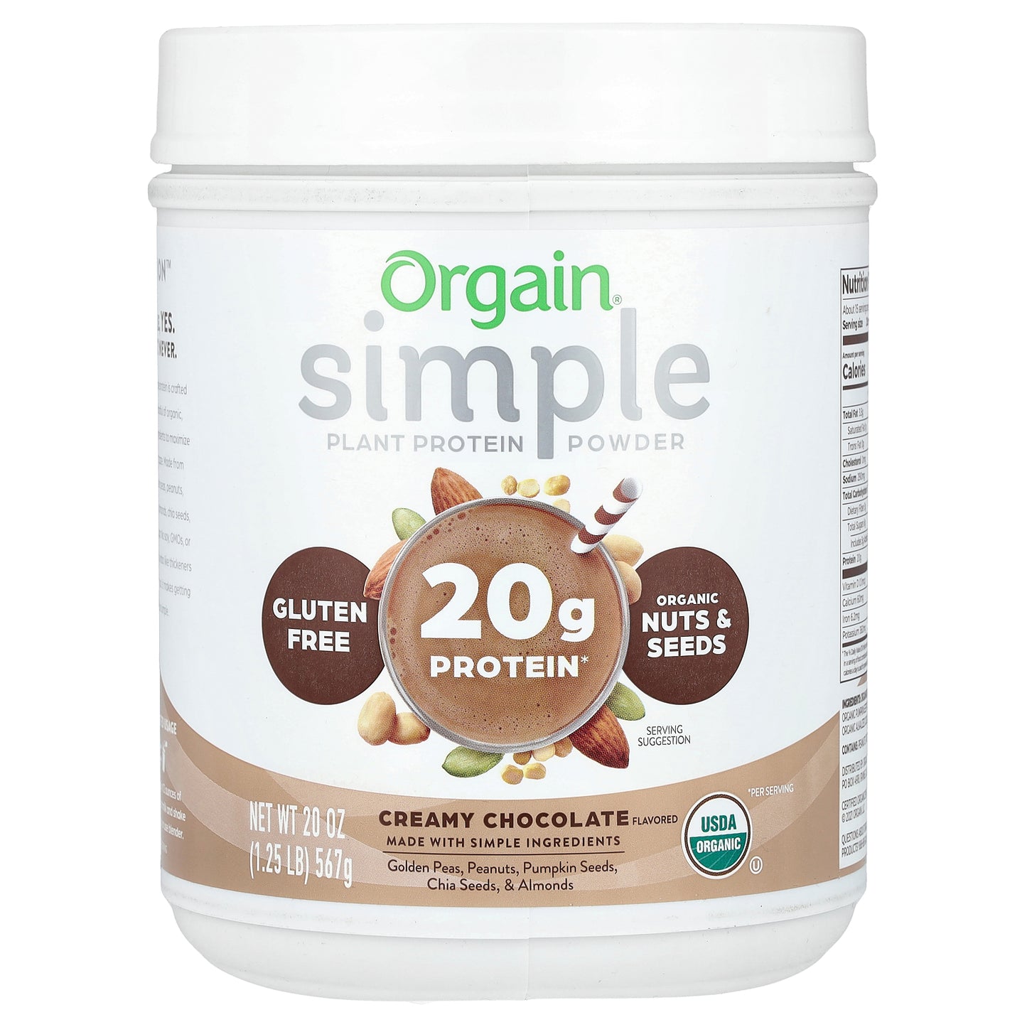 Orgain, Simple, Plant Protein Powder, Creamy Chocolate, 1.25 lb (567 g)