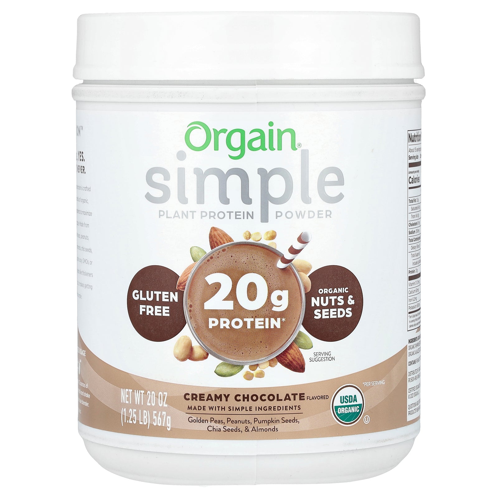 Orgain, Simple, Plant Protein Powder, Creamy Chocolate, 1.25 lb (567 g)