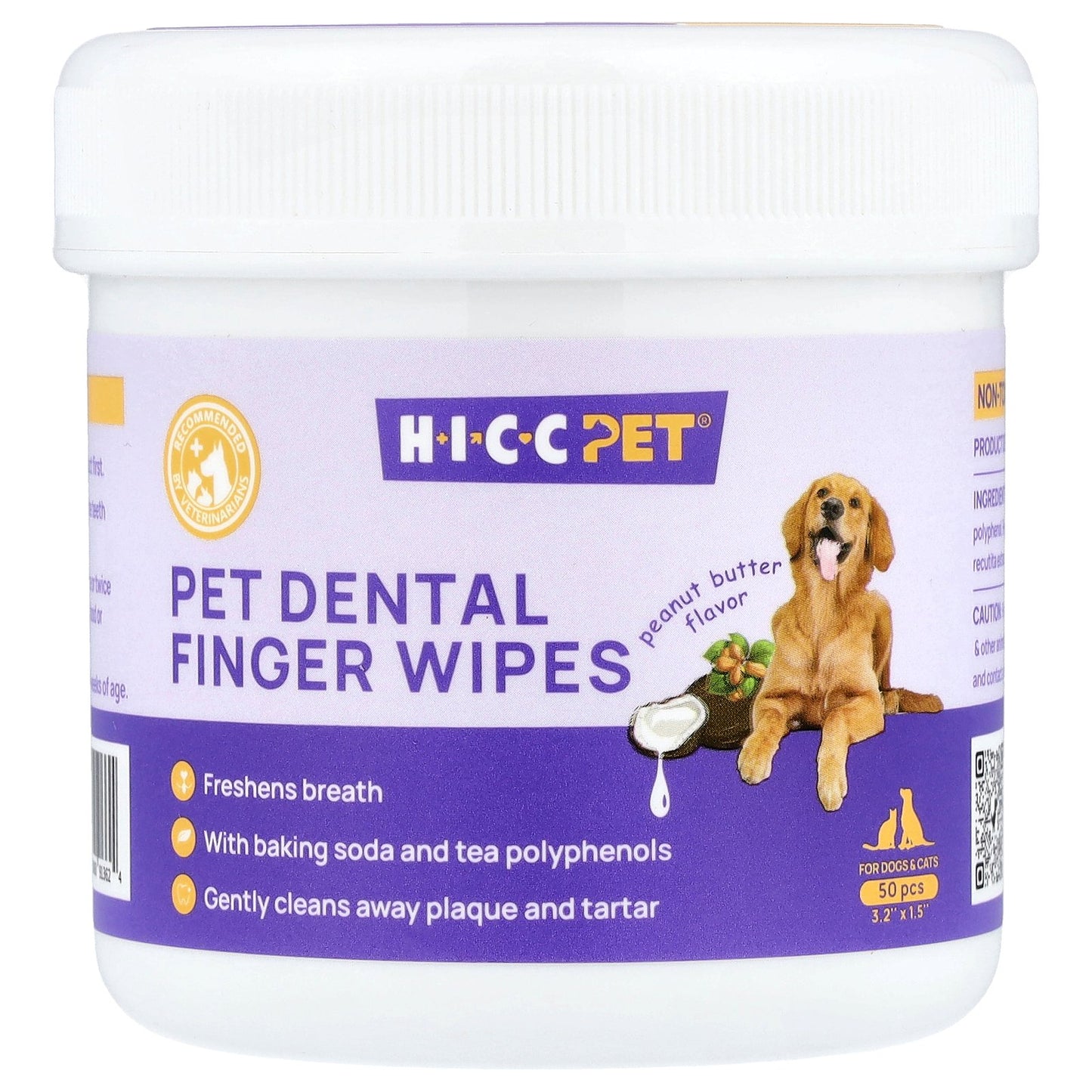 HICC Pet, Pet Dental Finger Wipes, For Dogs & Cats, Peanut Butter, 50 Pieces