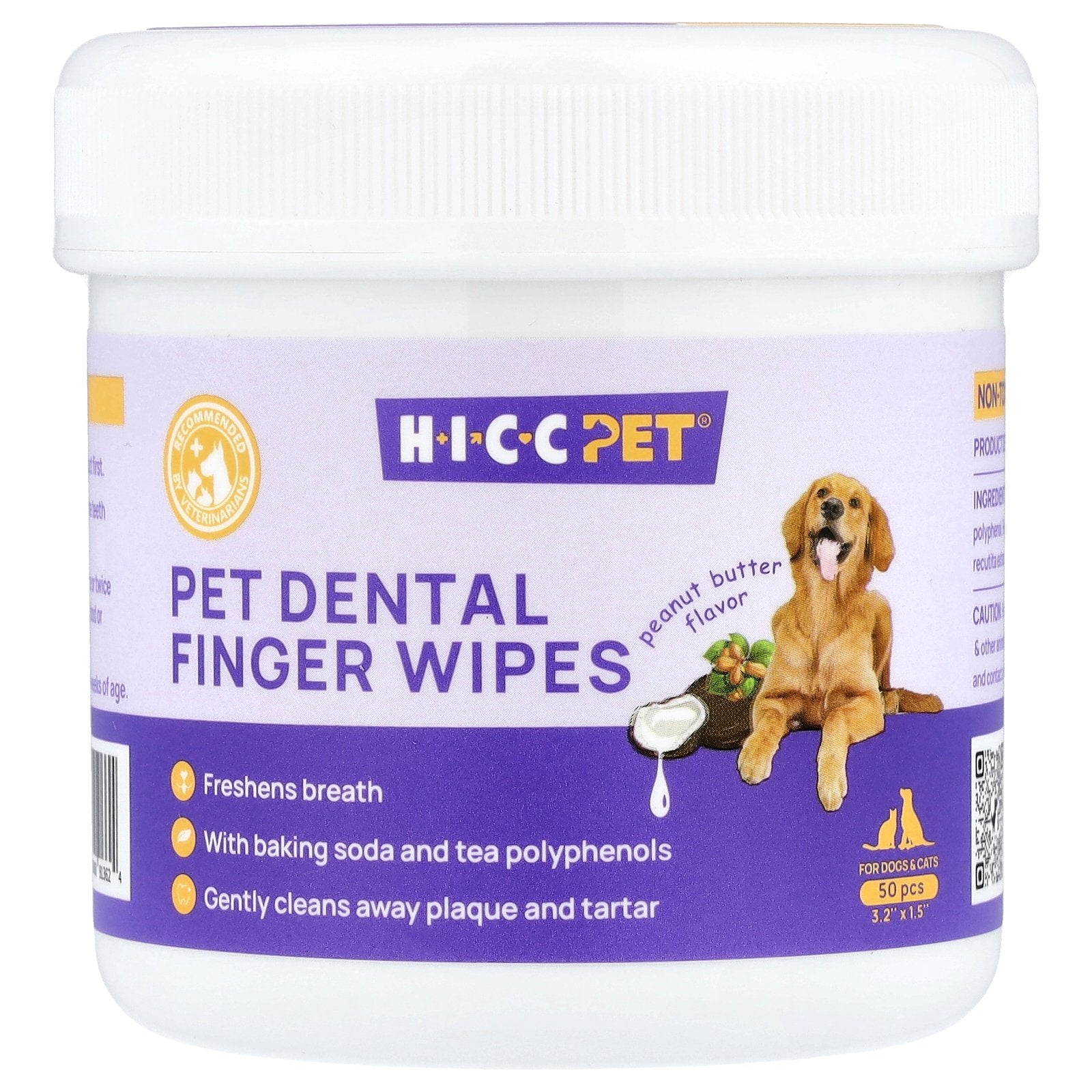 HICC Pet, Pet Dental Finger Wipes, For Dogs & Cats, Peanut Butter, 50 Pieces