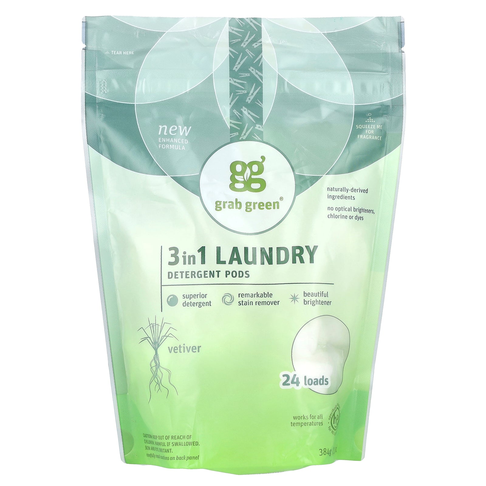 Grab Green, 3 in 1 Laundry Detergent Pods, Vetiver, 24 Loads, 13.5 oz (384 g)