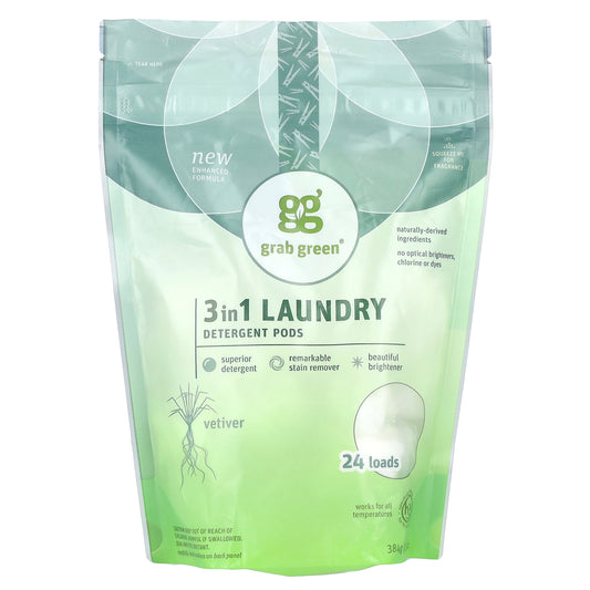 Grab Green, 3 in 1 Laundry Detergent Pods, Vetiver, 24 Loads, 13.5 oz (384 g)