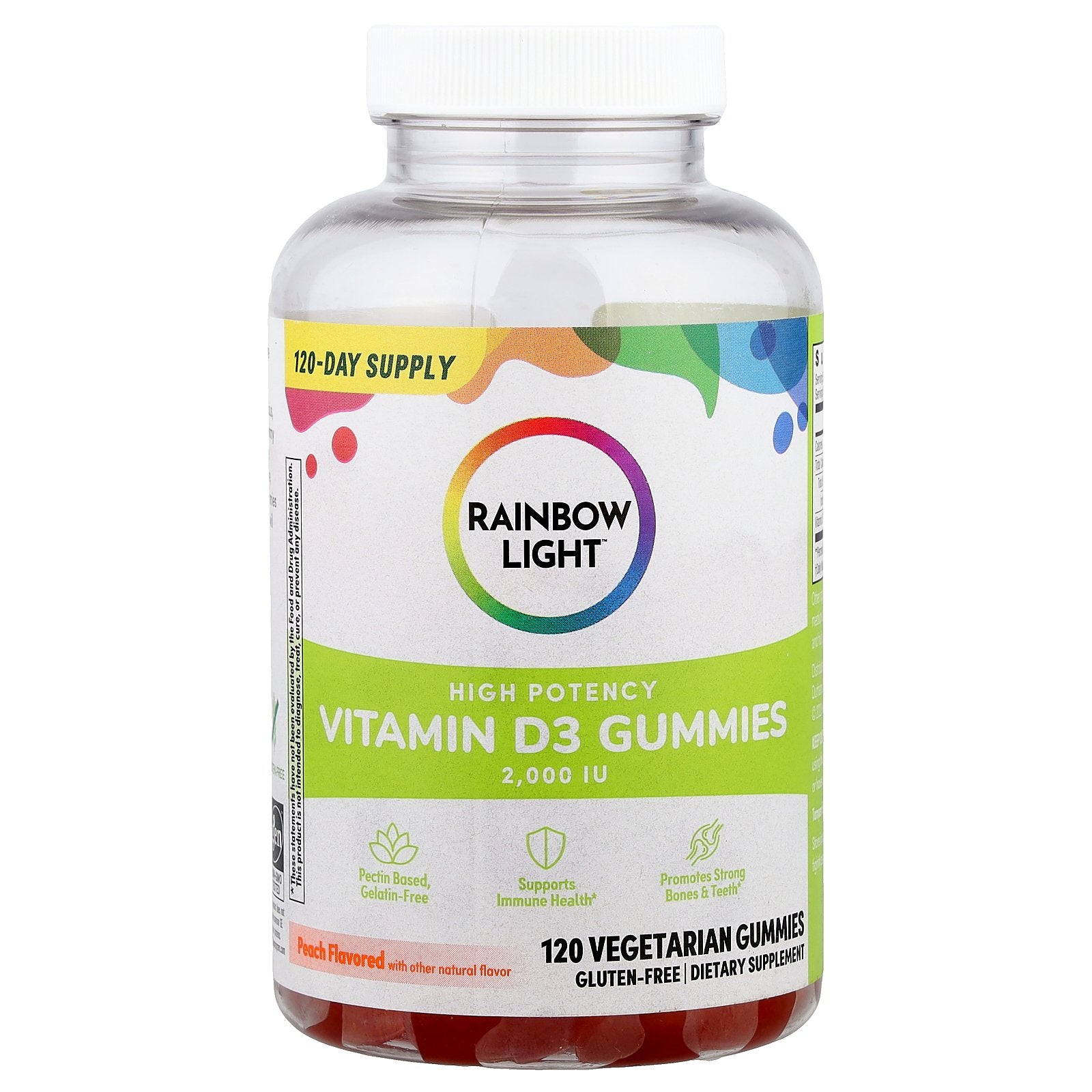 Rainbow Light, Vitamin D3 Gummies, High Potency, Peach, 2,000 IU, 120 Vegetarian Gummies