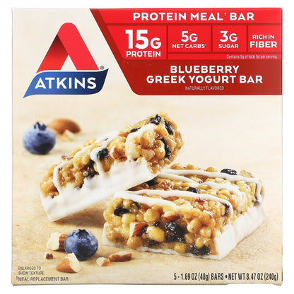 Atkins, Greek Yogurt Bar, Blueberry, 5 Bars, 1.69 oz (48 g) Each