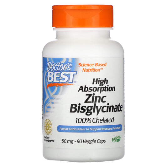 Doctor's Best, High Absorption Zinc Bisglycinate, 100% Chelated, 50 mg, 90 Veggie Caps