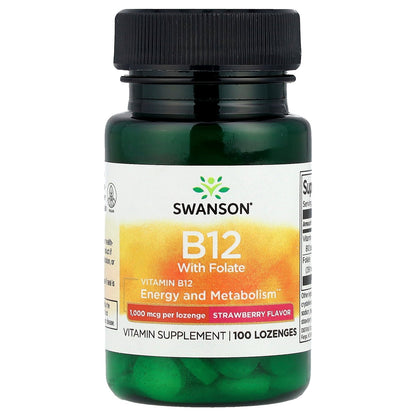 Swanson, Vitamin B12 with Folate, Strawberry, 100 Lozenges