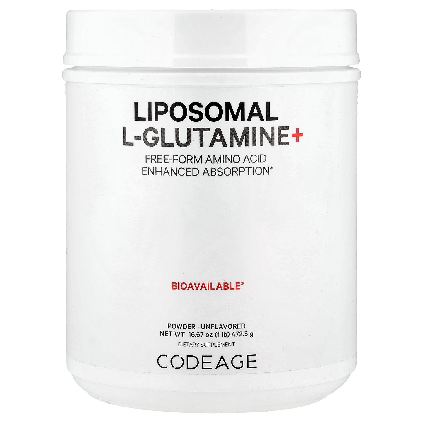 Codeage, Liposomal L-Glutamine+ Powder, Unflavored, 16.67 oz (472.5 g)