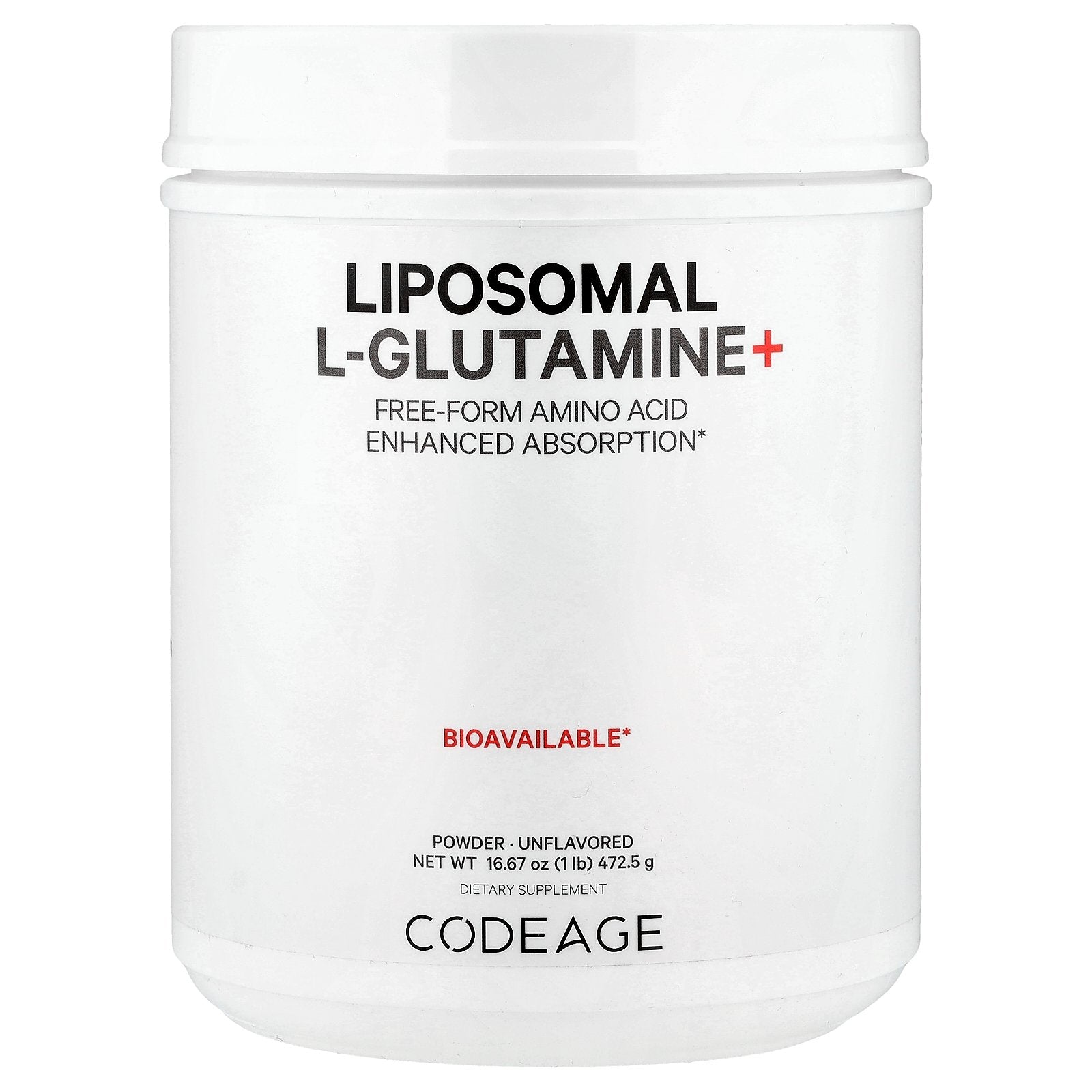 Codeage, Liposomal L-Glutamine+ Powder, Unflavored, 16.67 oz (472.5 g)