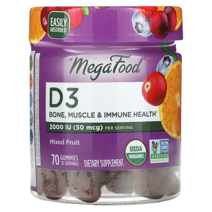 MegaFood, D3, Mixed Fruit, 70 Gummies (25 mcg (1,000 IU) per Gummy)