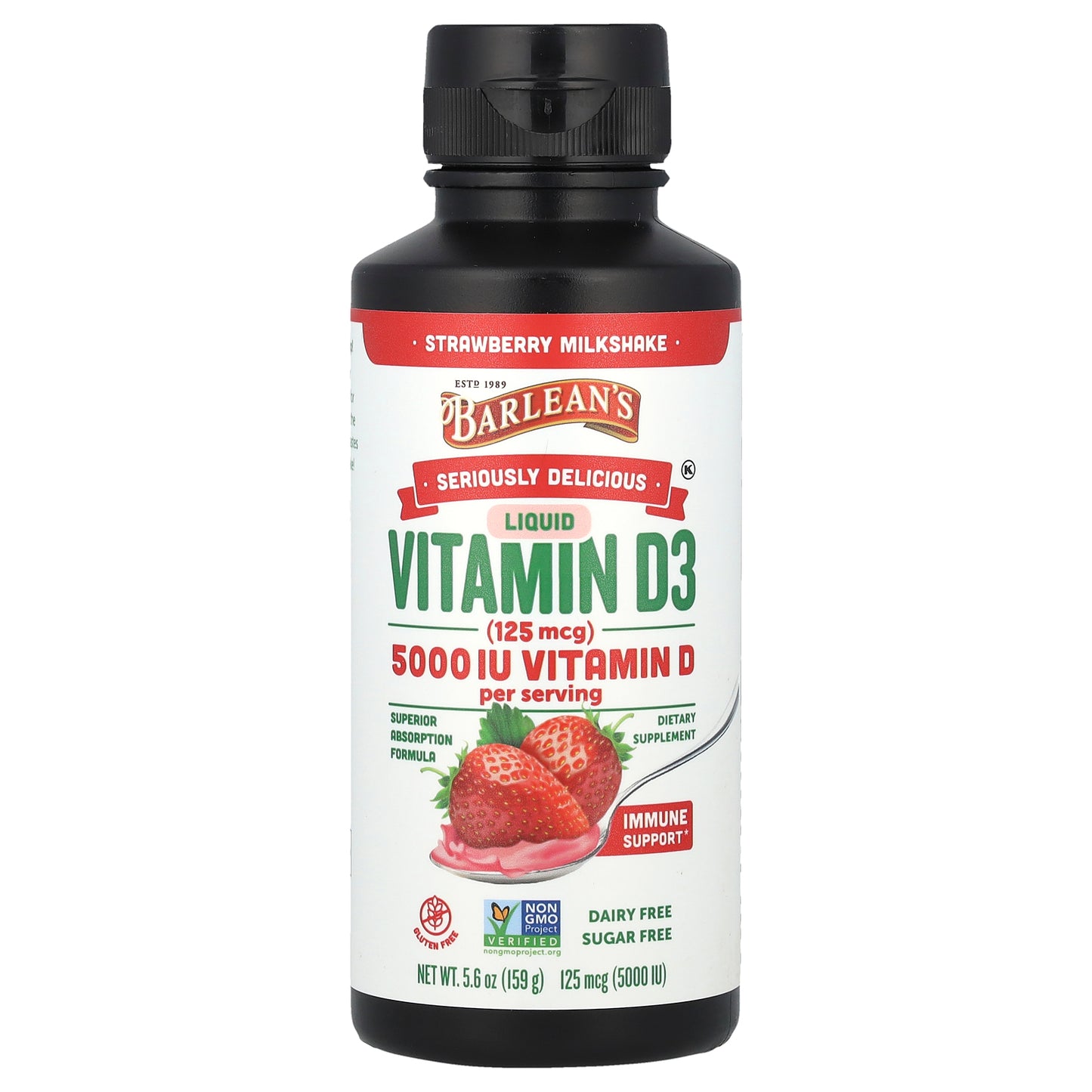 Barlean's, Seriously Delicious, Liquid Vitamin D3, Strawberry Milkshake, 125 mcg (5,000 IU), 5.6 oz (159 g)