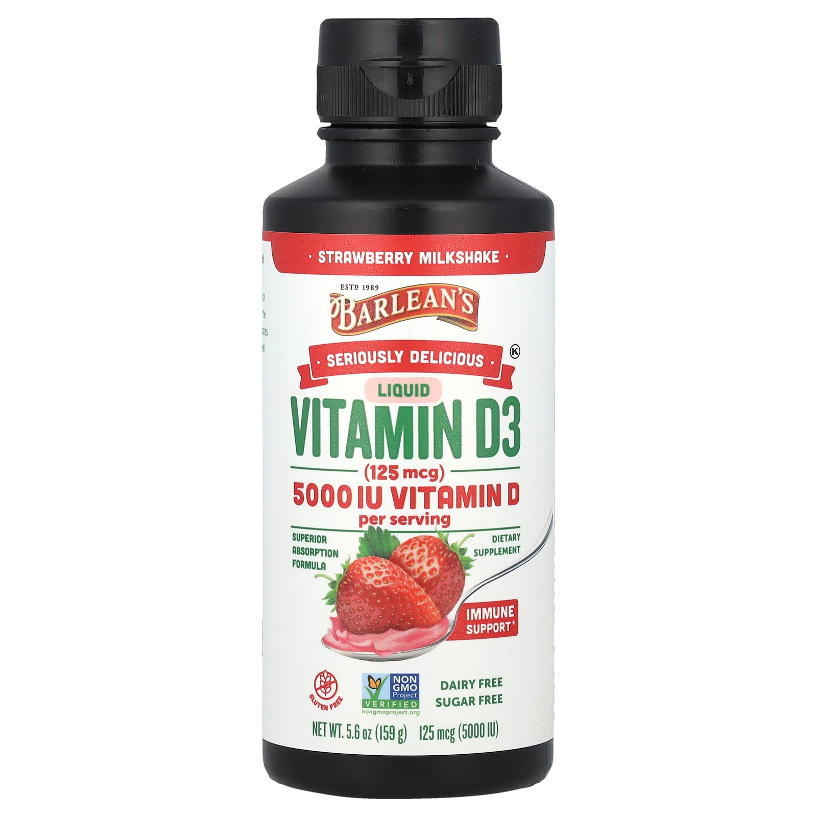 Barlean's, Seriously Delicious, Liquid Vitamin D3, Strawberry Milkshake, 125 mcg (5,000 IU), 5.6 oz (159 g)