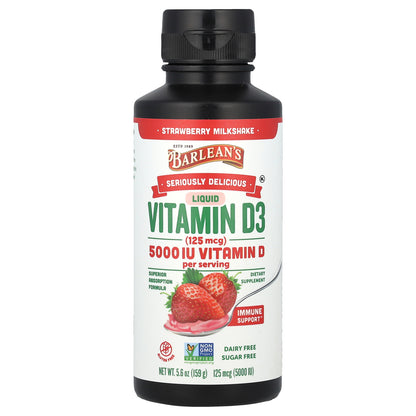 Barlean's, Seriously Delicious, Liquid Vitamin D3, Strawberry Milkshake, 125 mcg (5,000 IU), 5.6 oz (159 g)