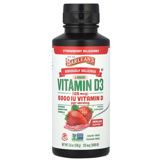 Barlean's, Seriously Delicious, Liquid Vitamin D3, Strawberry Milkshake, 125 mcg (5,000 IU), 5.6 oz (159 g)