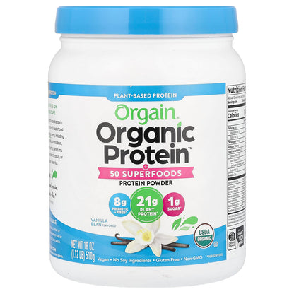 Orgain, Organic Protein + 50 Superfoods Powder, Plant Based, Vanilla Bean, 1.12 lb (510 g)