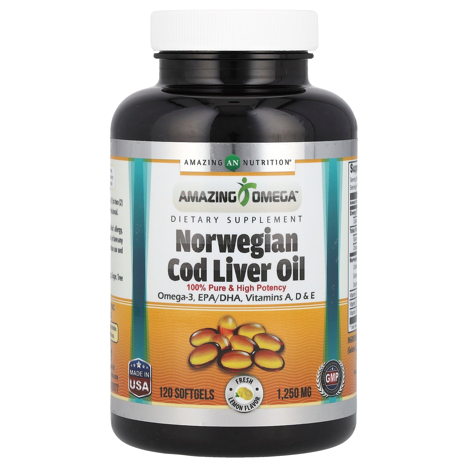 Amazing Nutrition, Norwegian Cod Liver Oil, Lemon, 1,250 mg, 120 Softgels