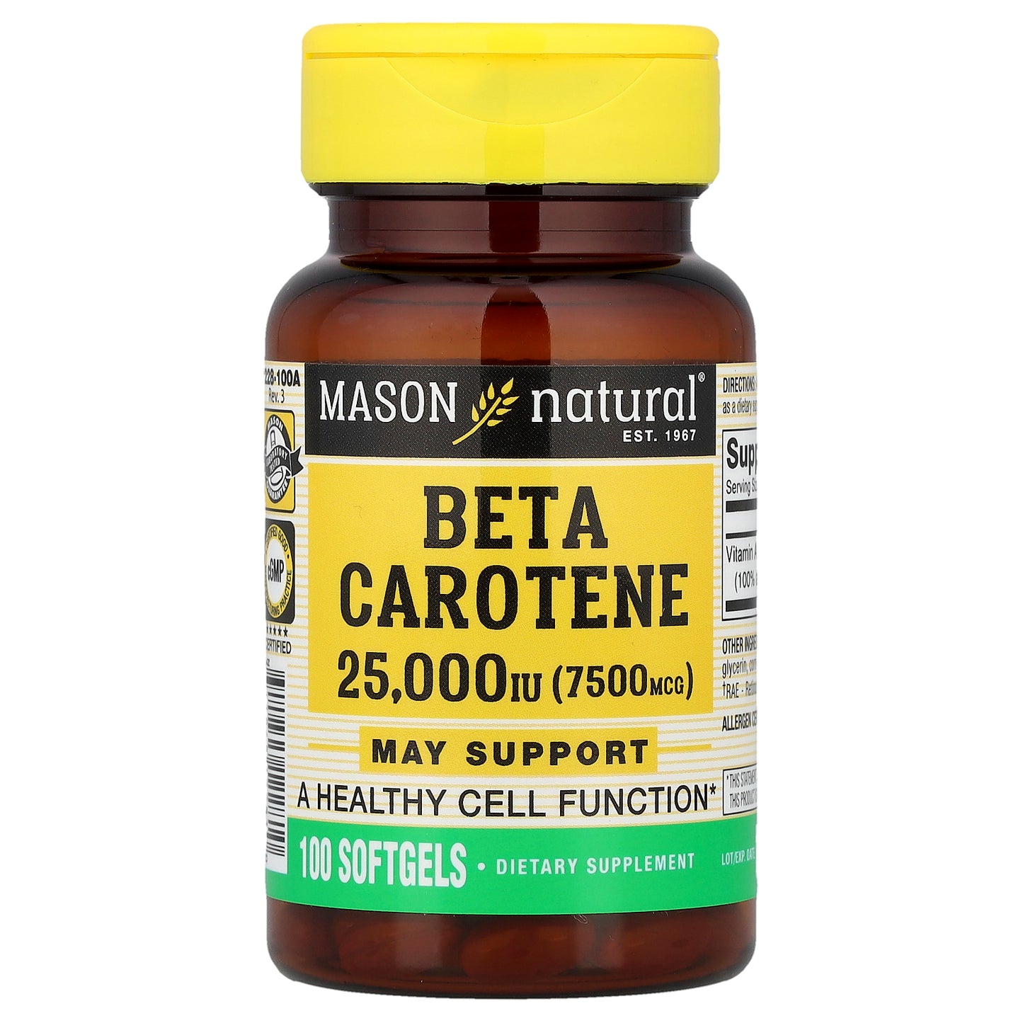 Mason Natural, Beta Carotene, 7,500 mcg (25,000 IU), 100 Softgels