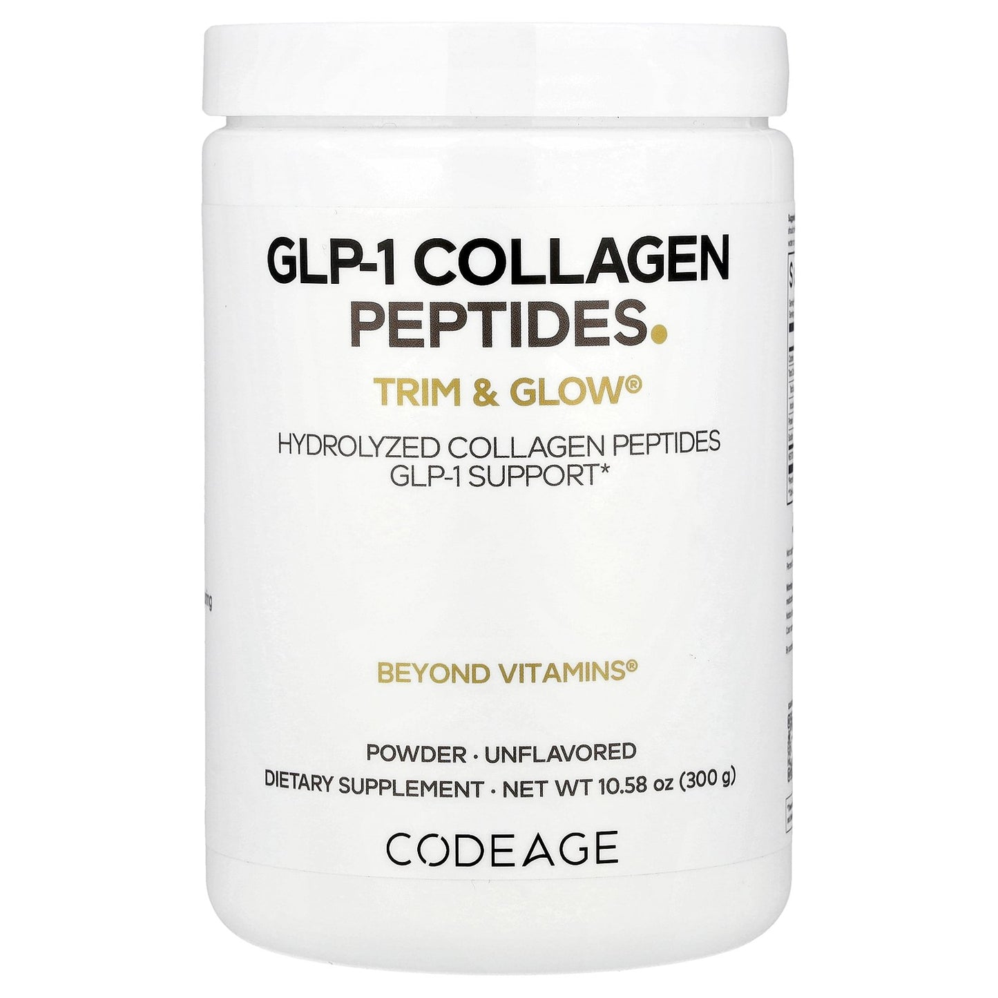 Codeage, GLP-1 Collagen Peptides Powder, Trim & Glow®, Unflavored, 10.58 oz (300 g)