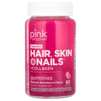 Pink, Beautiful, Hair, Skin & Nails + Collagen, Natural Strawberry, 60 Gummies