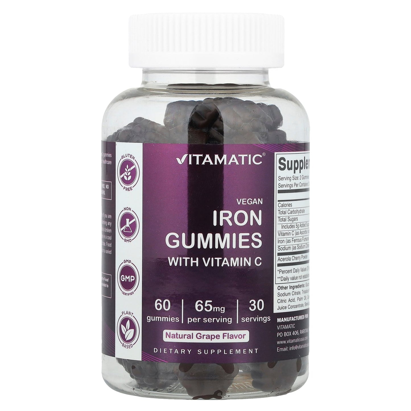Vitamatic, Vegan Iron Gummies With Vitamin C, Natural Grape, 60 Gummies