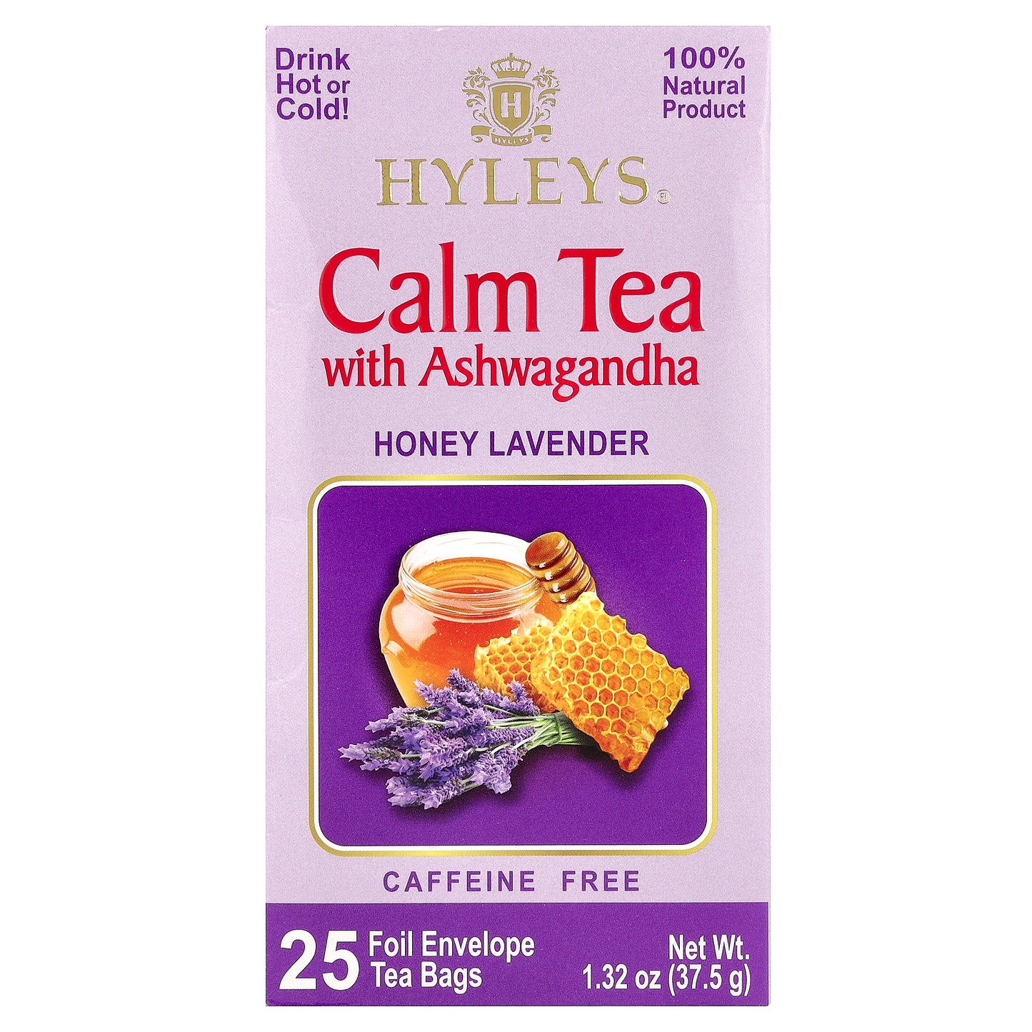 Hyleys Tea, Calm Tea with Ashwagandha, Honey Lavender, Caffeine Free, 25 Foil Envelopes Tea Bags, 1.32 oz (37.5 g)