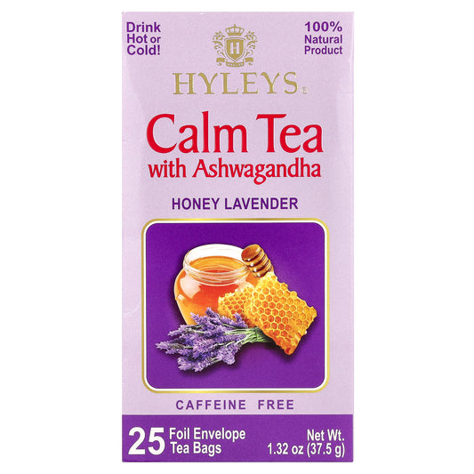 Hyleys Tea, Calm Tea with Ashwagandha, Honey Lavender, Caffeine Free, 25 Foil Envelopes Tea Bags, 1.32 oz (37.5 g)