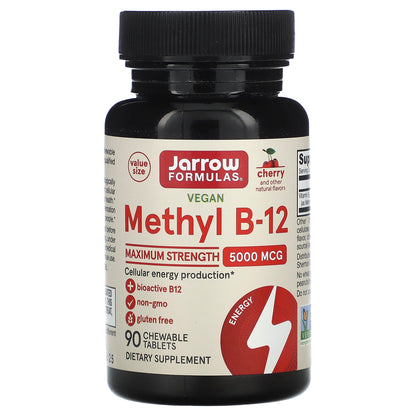 Jarrow Formulas, Vegan Methyl B-12, Maximum Strength, Cherry, 5,000 mcg, 90 Chewable Tablets