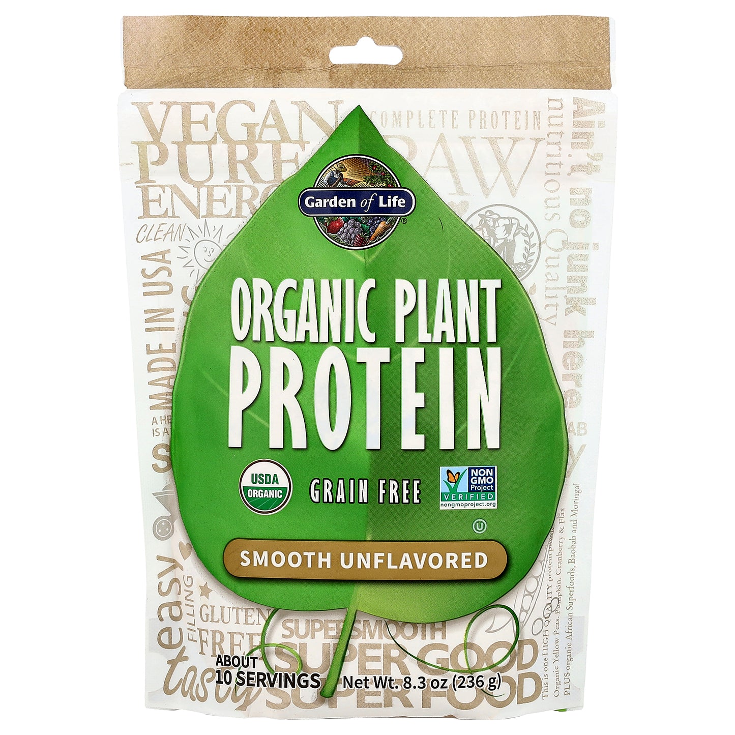 Garden of Life, Organic Plant Protein, Grain Free, Smooth Unflavored, 8.3 oz (236 g)