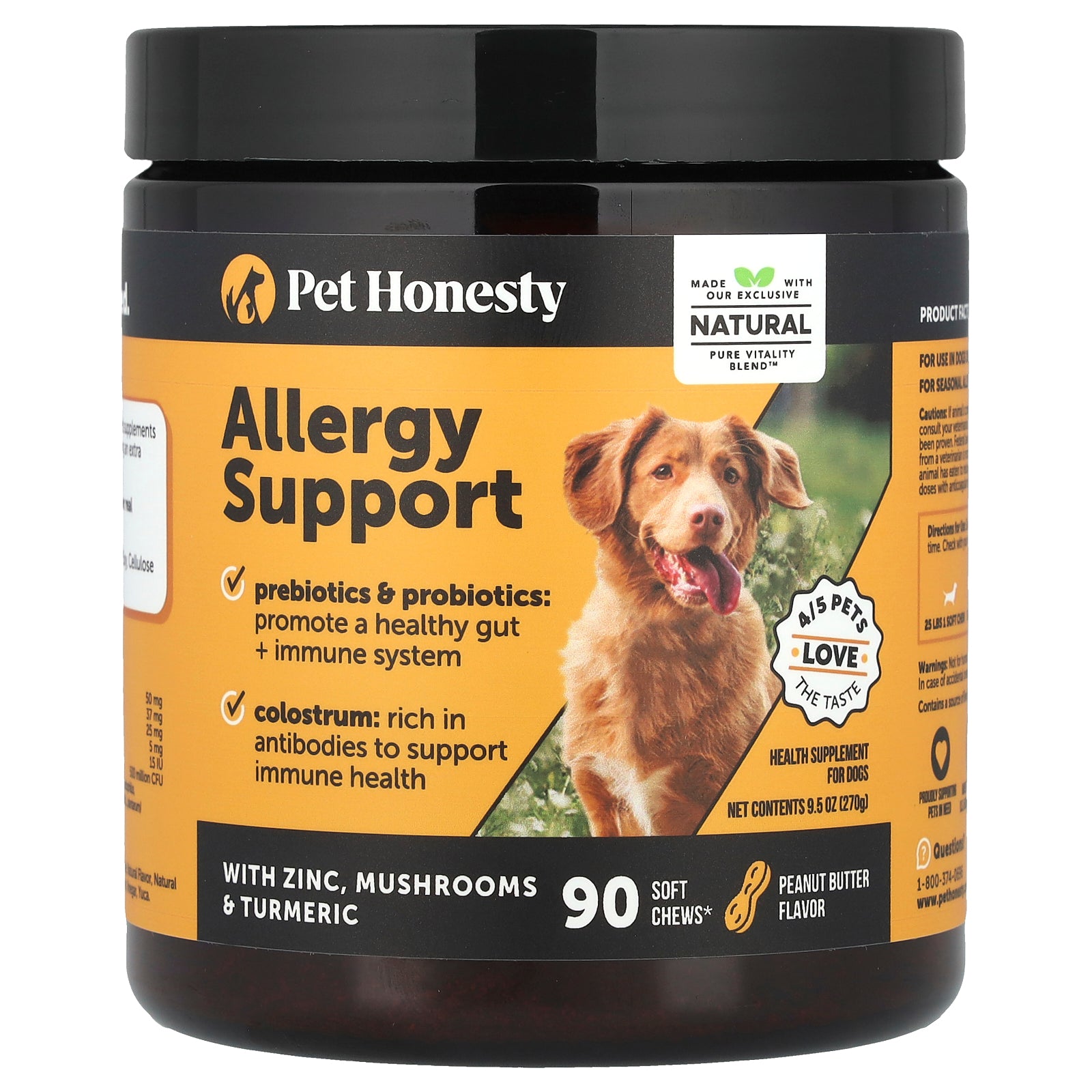 Pet Honesty, Allergy Support, For Dogs, Peanut Butter, 90 Soft Chews, 9.5 oz (270 g)