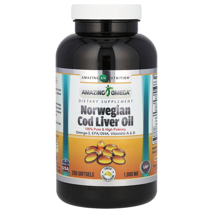 Amazing Nutrition, Amazing Omega, Norwegian Cod Liver Oil, Lemon, 1,000 mg, 250 Softgels