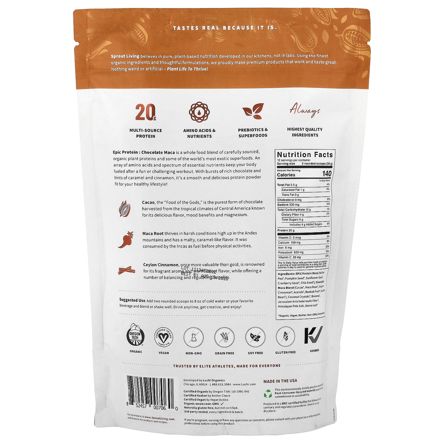 Sprout Living, Epic Protein®, Organic Plant Protein + Superfoods, Chocolate Maca, 1 lb (456 g)