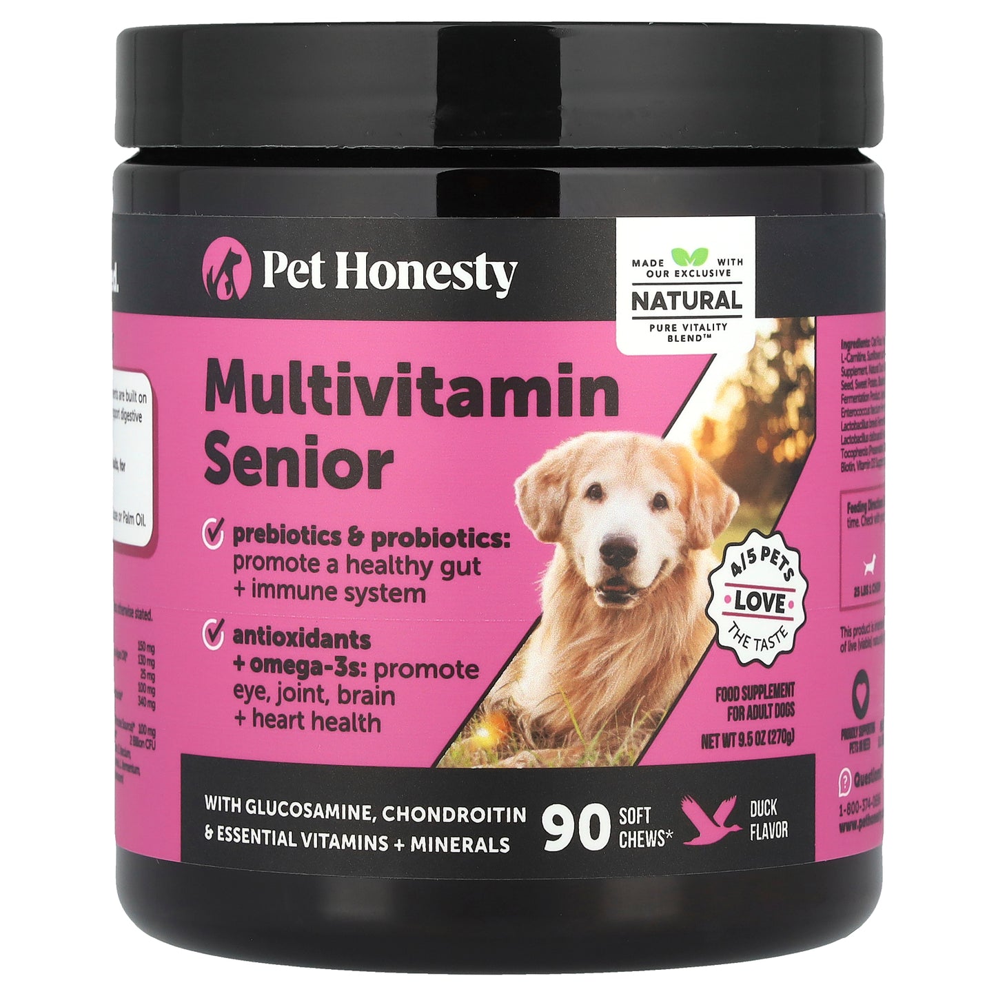 Pet Honesty, Multivitamin Senior, For Adult Dogs, Duck, 90 Soft Chews, 9.5 oz (270 g)