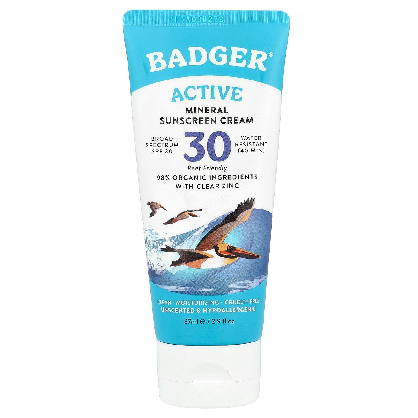 Badger, Active, Mineral Sunscreen Cream, SPF 30, Unscented, 2.9 fl oz (87 ml)