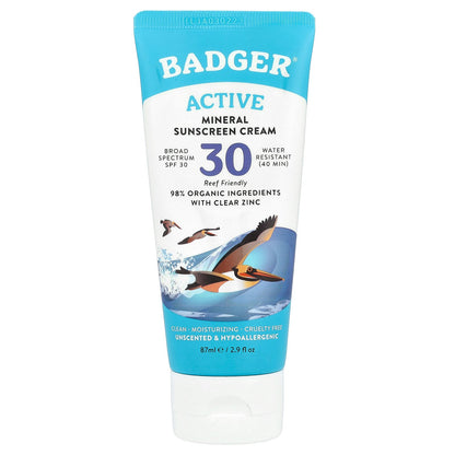 Badger, Active, Mineral Sunscreen Cream, SPF 30, Unscented, 2.9 fl oz (87 ml)