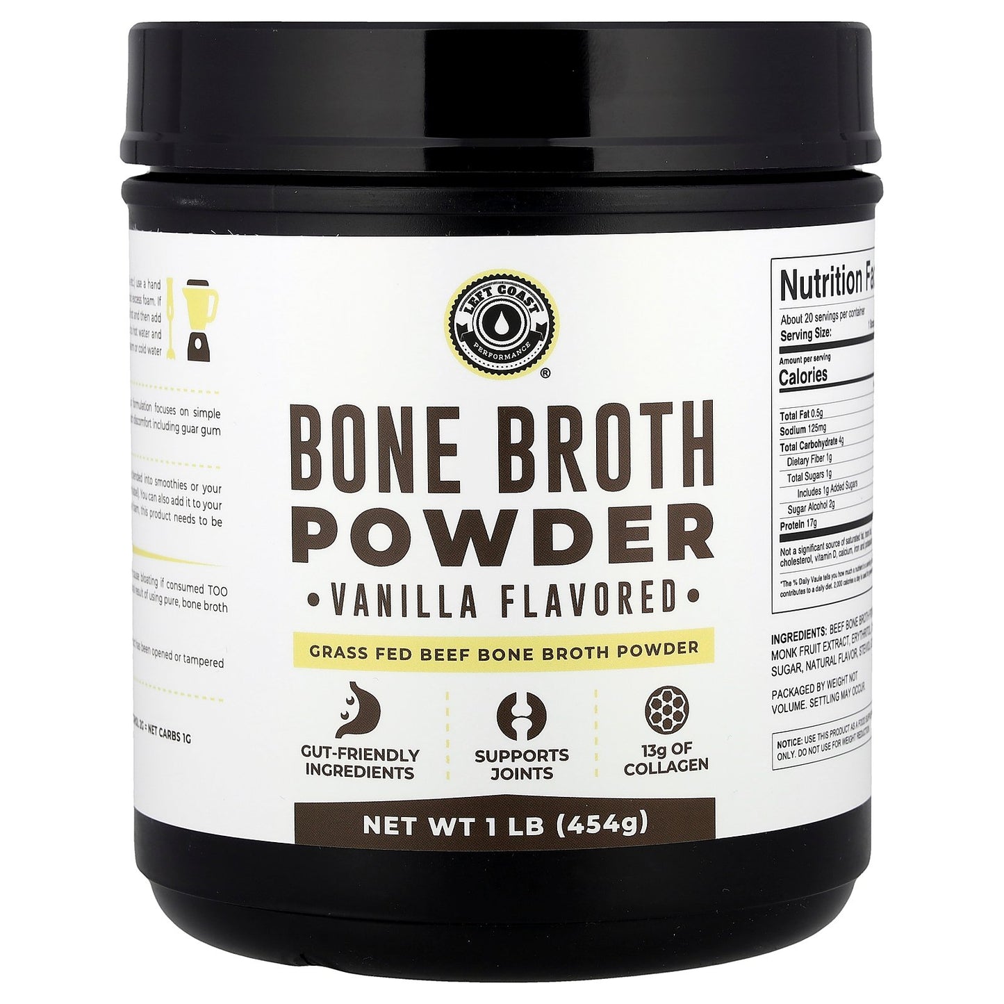 Left Coast Performance, Bone Broth Powder, Vanilla, 1 lb (454 g)