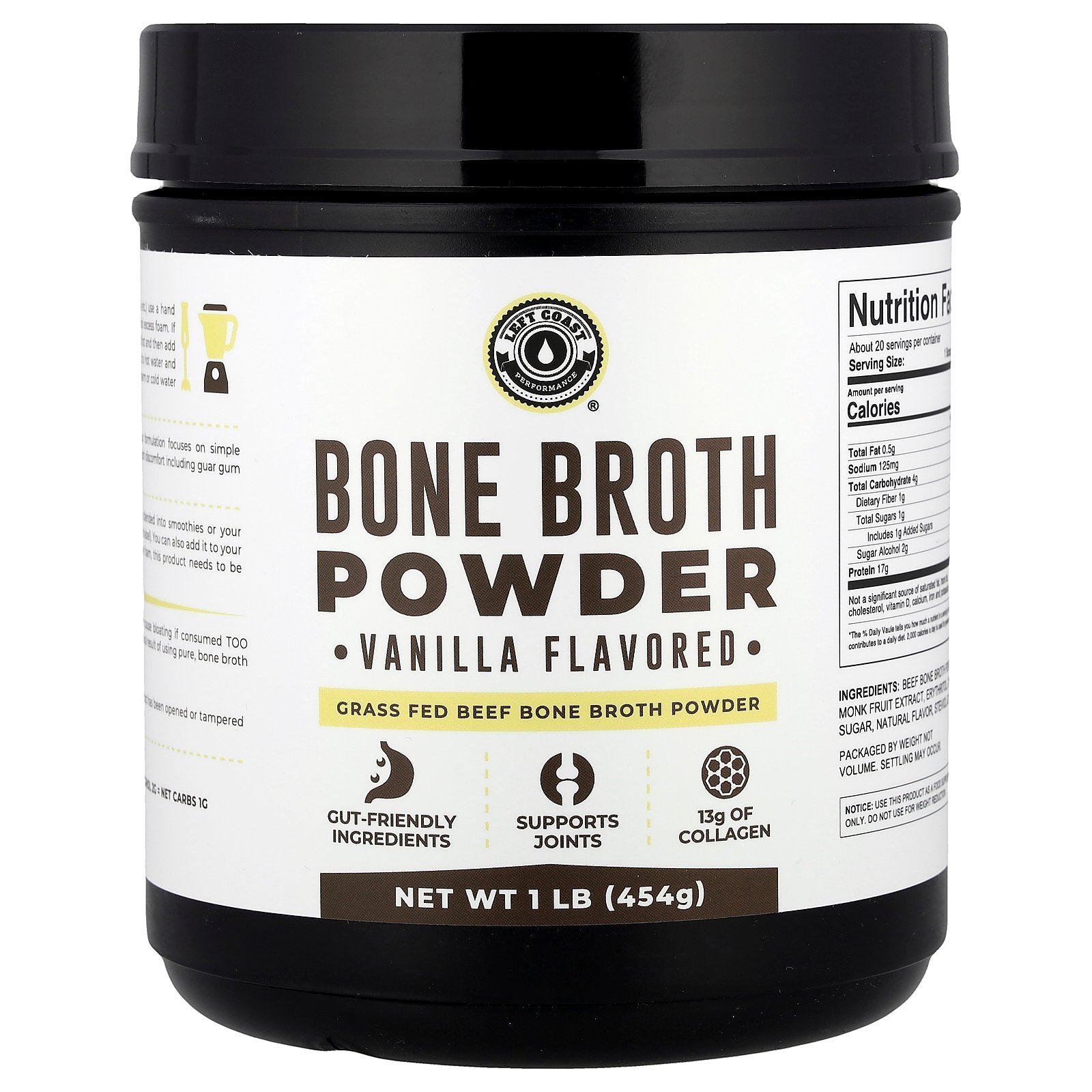 Left Coast Performance, Bone Broth Powder, Vanilla, 1 lb (454 g)