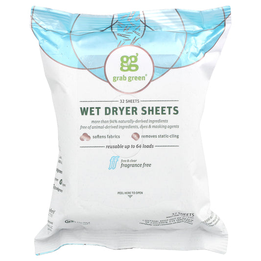 Grab Green, Wet Dryer Sheets, Fragrance Free, 32 Sheets
