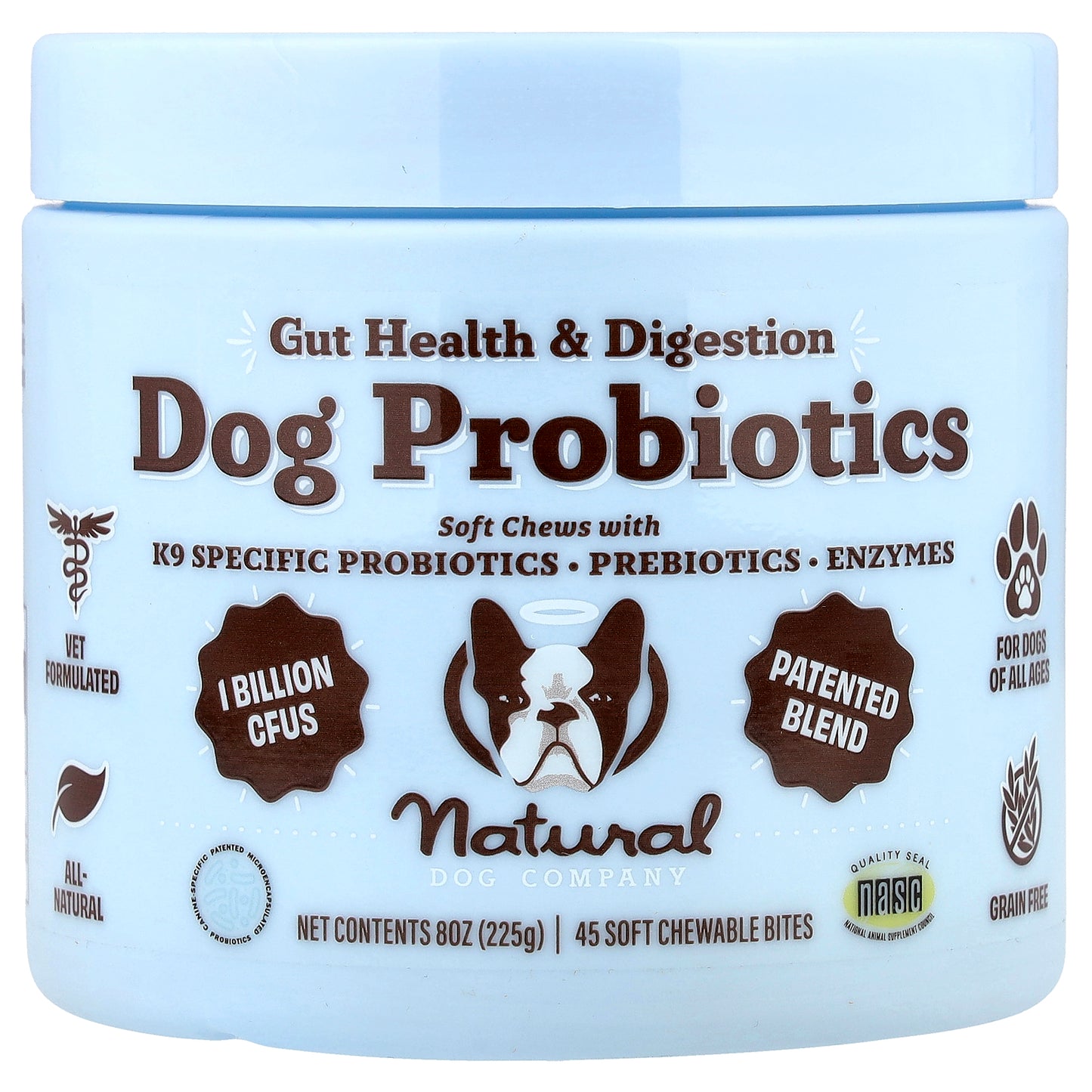 Natural Dog Company, Dog Probiotics, Gut Health & Digestion, For Dogs, All Ages, 45 Soft Chewable Bites, 8 oz (225 g)