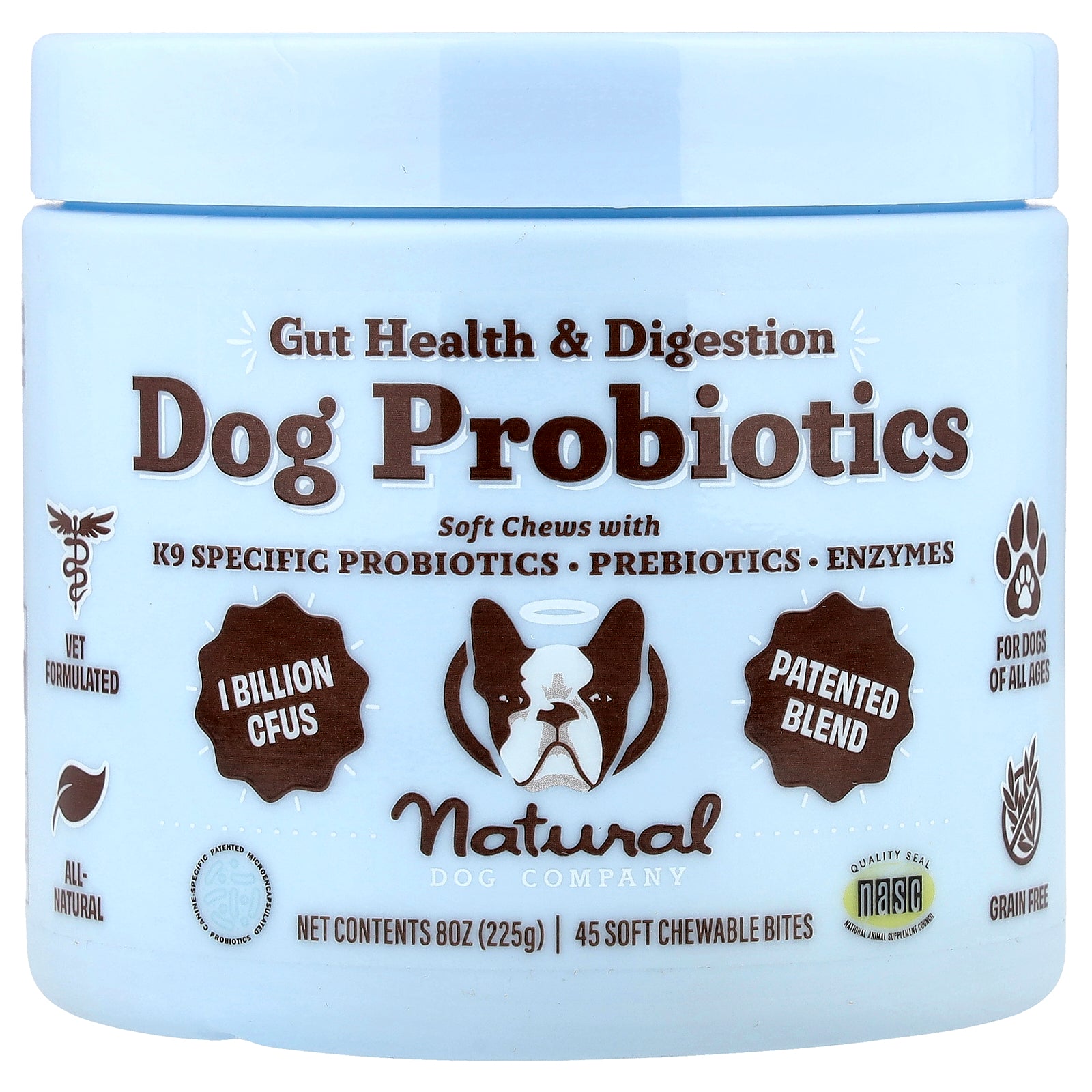 Natural Dog Company, Dog Probiotics, Gut Health & Digestion, For Dogs, All Ages, 45 Soft Chewable Bites, 8 oz (225 g)