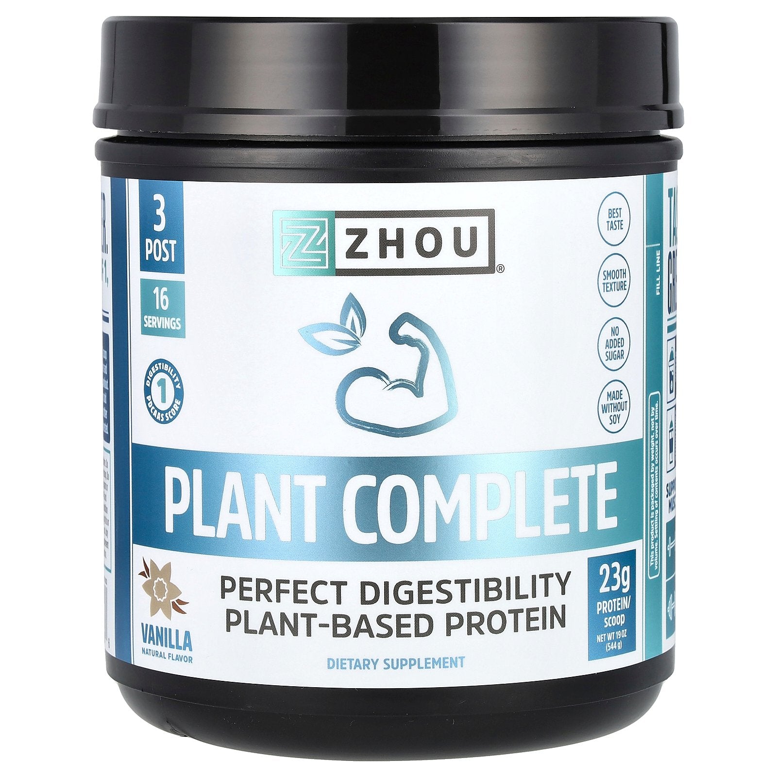 Zhou Nutrition, Plant Complete, Perfect Digestibility Plant-Based Protein, Vanilla, 19 oz (544 g)