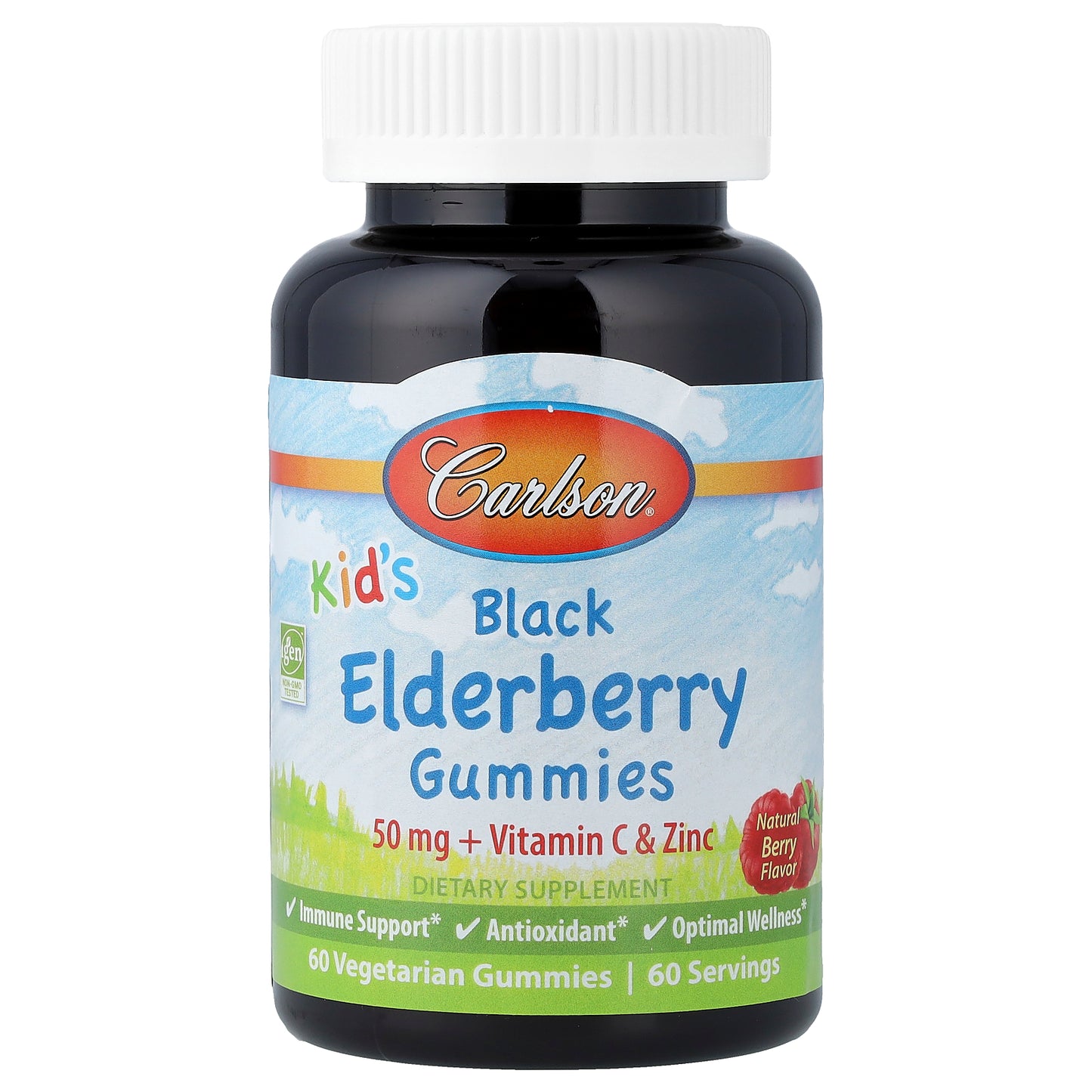 Carlson, Kid's Black Elderberry Gummies + Vitamin C & Zinc, Natural Berry, 60 Vegetarian Gummies