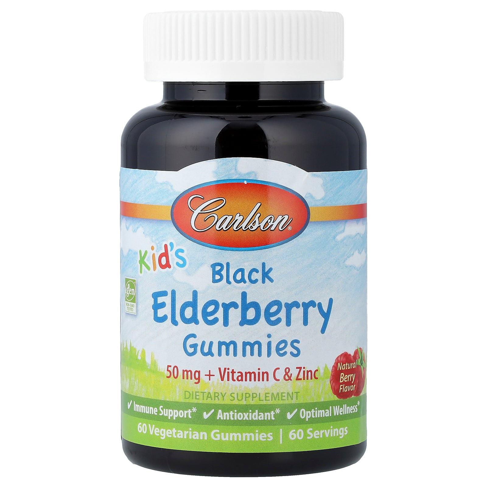 Carlson, Kid's Black Elderberry Gummies + Vitamin C & Zinc, Natural Berry, 60 Vegetarian Gummies