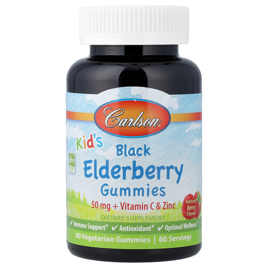 Carlson, Kid's Black Elderberry Gummies + Vitamin C & Zinc, Natural Berry, 60 Vegetarian Gummies