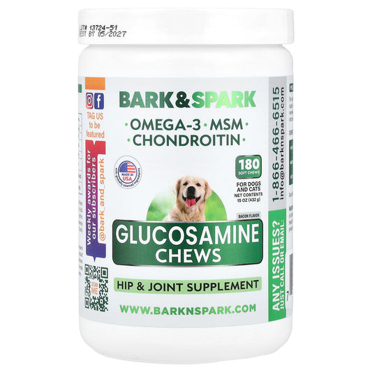 Bark&Spark, Glucosamine Chews, For Dogs And Cats, Bacon, 180 Soft Chews, 15 oz (432 g)