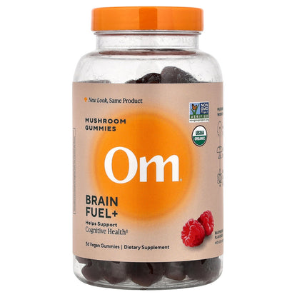 Om Mushrooms, Brain Fuel+, Mushroom Gummies, Raspberry, 56 Vegan Gummies