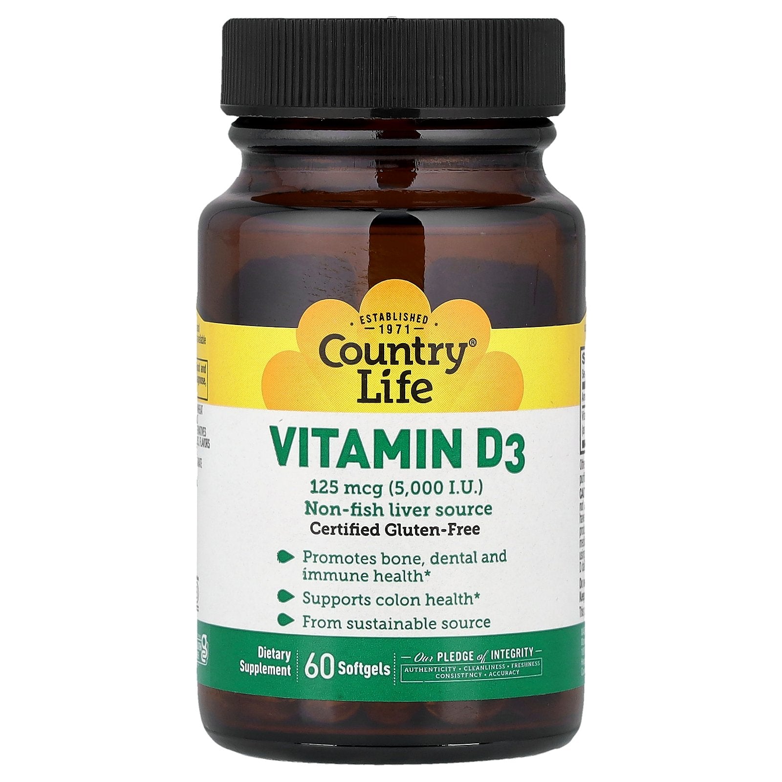 Country Life, Vitamin D3, 125 mcg (5,000 IU), 60 Softgels
