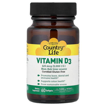 Country Life, Vitamin D3, 125 mcg (5,000 IU), 60 Softgels
